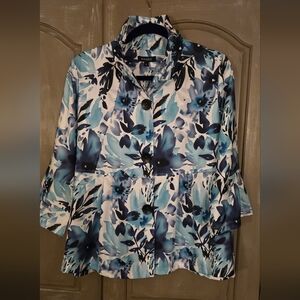 STUNNING women's Size Large Damee Blue, Aqua, and Black Blouse.